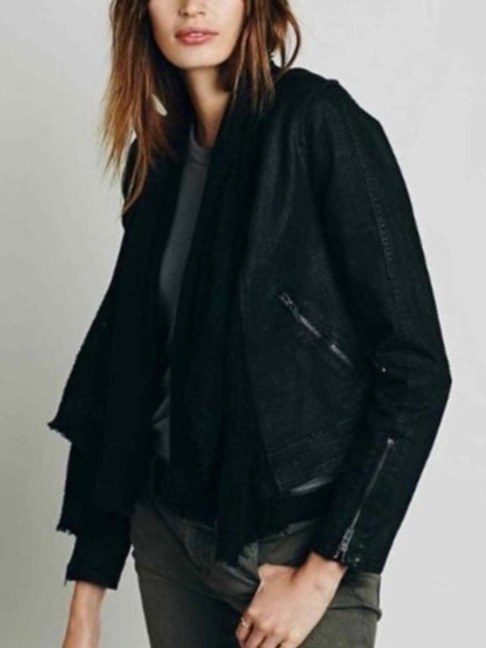 Free People drape-front moto jacket featuring a cozy knit shaw collar